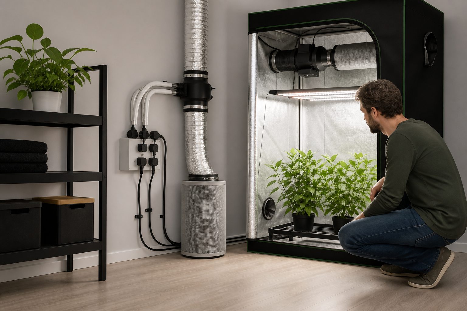 Instalación doméstica segura de un kit de cultivo interior Kit de cultivo interior instalado en un cuarto limpio con electricidad elevada y ventilación
