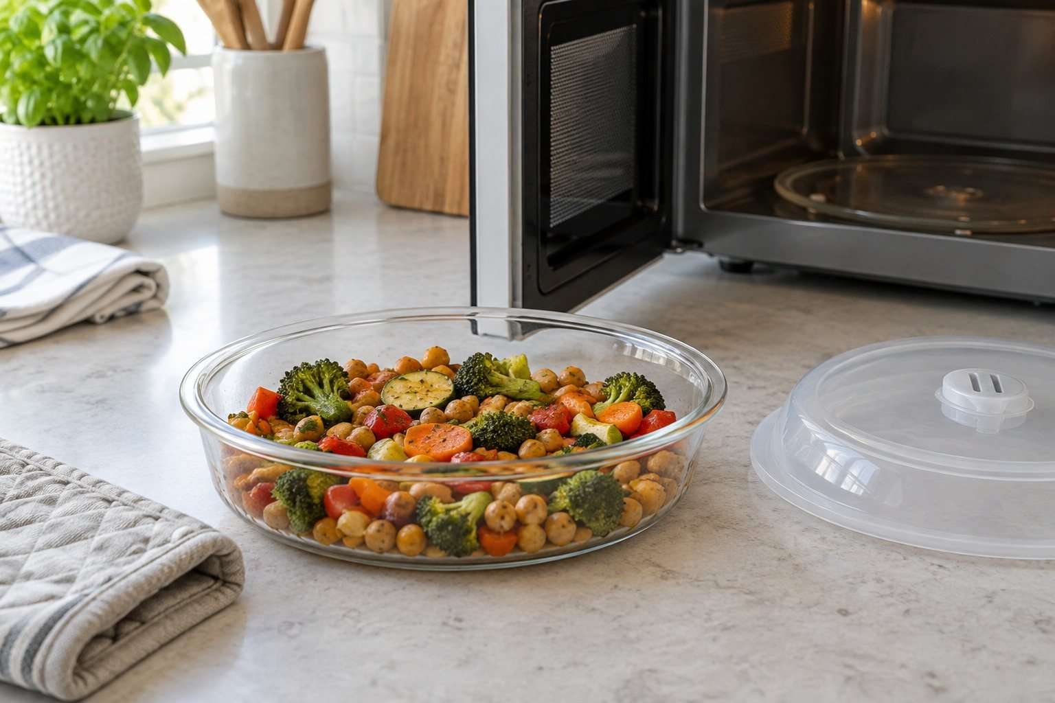 Recipiente de vidrio con garbanzos y verduras junto a un microondas y una tapa ventilada.