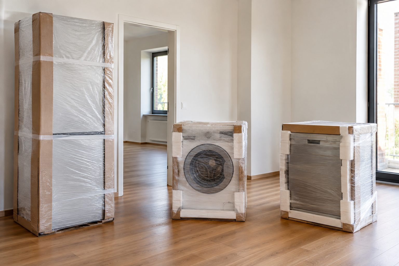 Electrodomésticos preparados para una mudanza Nevera, lavadora y lavavajillas protegidos para su traslado en una vivienda vacía